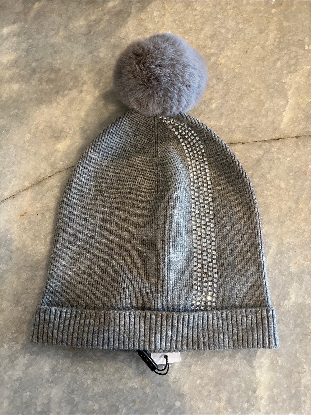 Chico's Gray Knit Pom-Pom Beanie with Crystal Stripe NWT